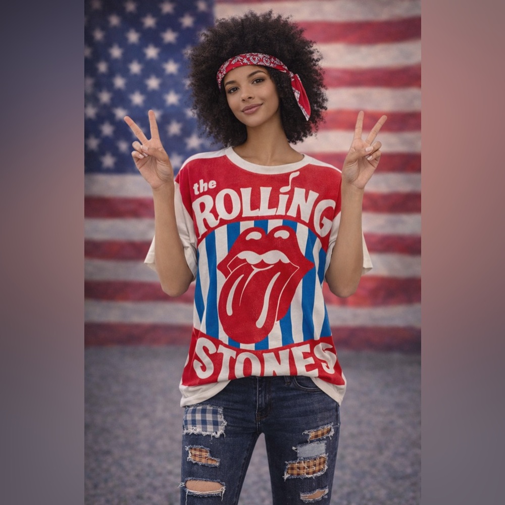 Vtg the Rolling Stones Startee Red Blue Cream Graphic Short Sleeve Tee